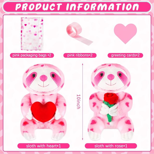 2 Sets Valentines Day Plush Stuffed Sloth Cute Stuffed Heart Sloth Animal Toys