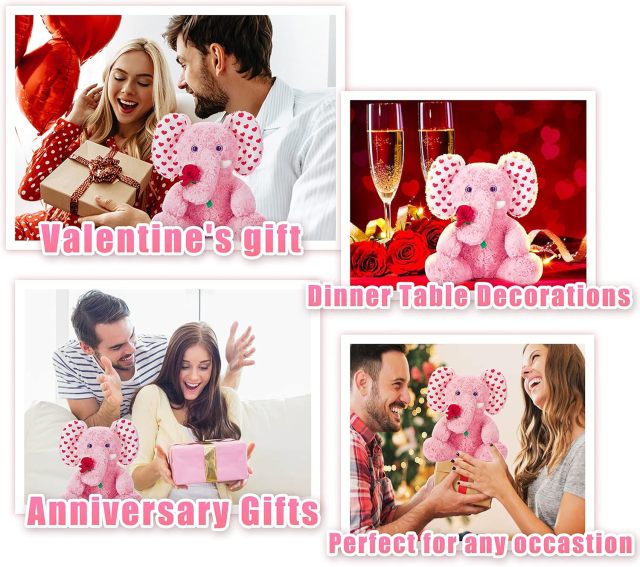 Cute 12.5" Elephant Stuffed Animal Plush Toy with Rose for Valentine Day