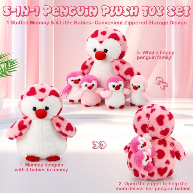 5 Pcs Penguin Plush Toy Set 1 Mommy Penguin Stuffed Animal with 4 Cute Babies