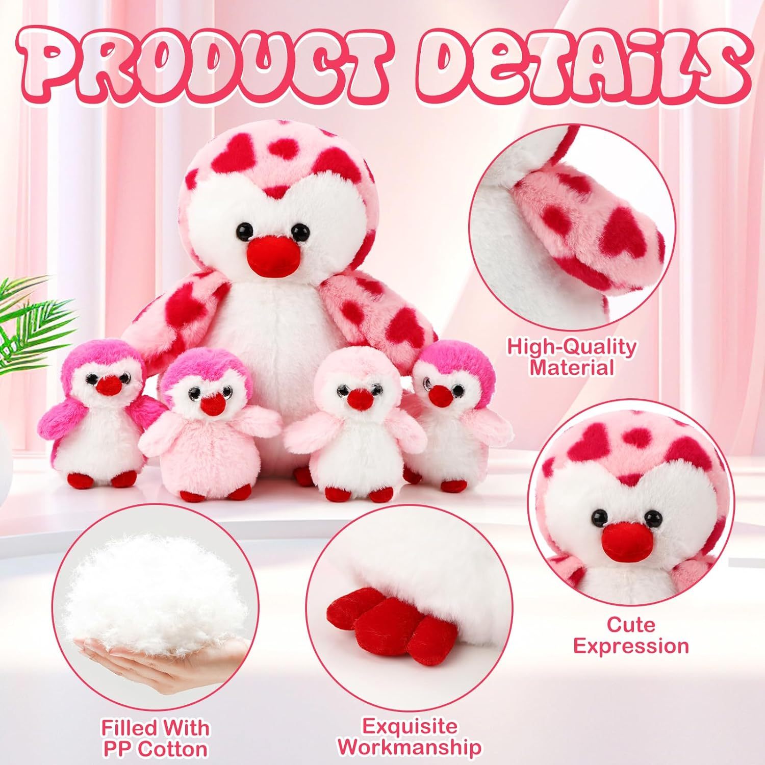 5 Pcs Penguin Plush Toy Set 1 Mommy Penguin Stuffed Animal with 4 Cute Babies