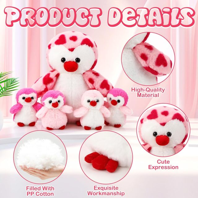 5 Pcs Penguin Plush Toy Set 1 Mommy Penguin Stuffed Animal with 4 Cute Babies