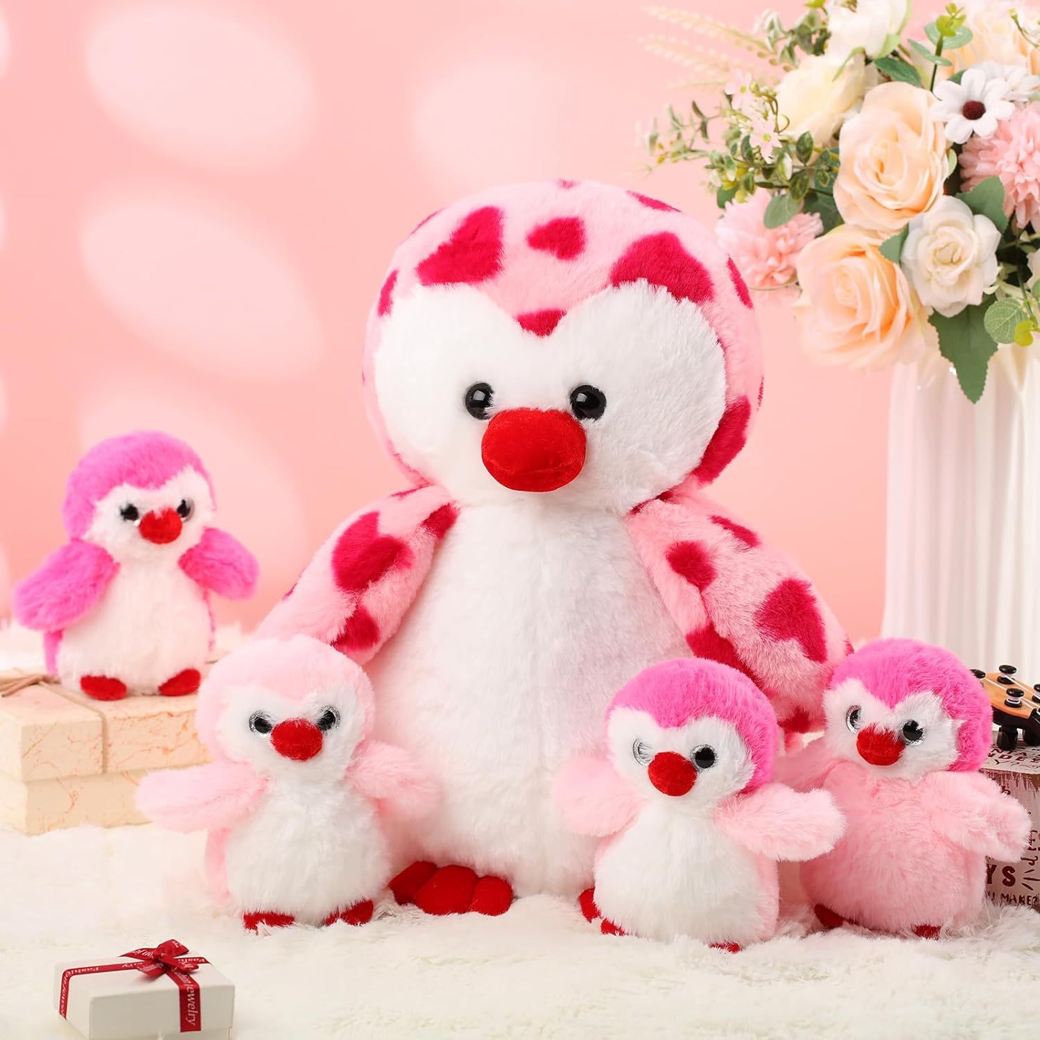 5 Pcs Penguin Plush Toy Set 1 Mommy Penguin Stuffed Animal with 4 Cute Babies