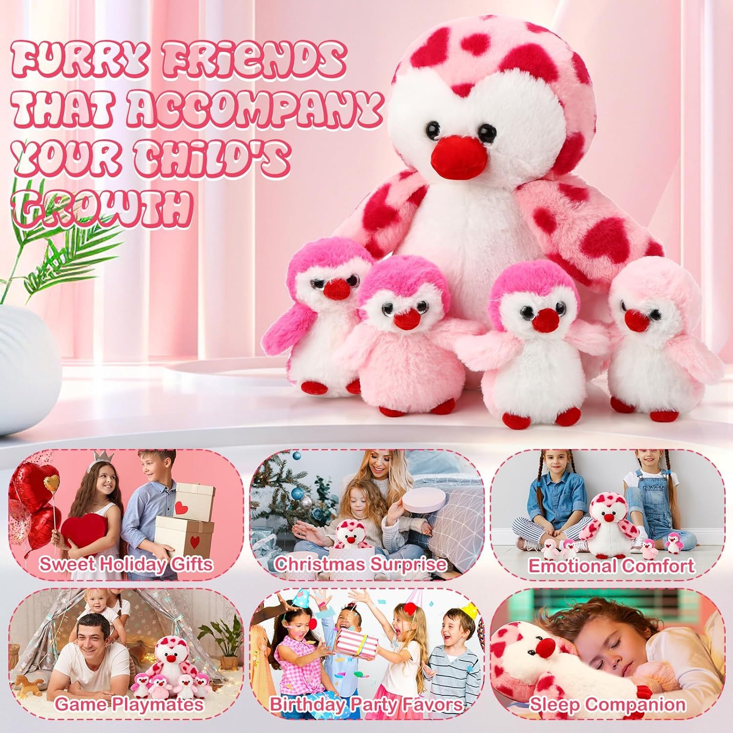 5 Pcs Penguin Plush Toy Set 1 Mommy Penguin Stuffed Animal with 4 Cute Babies