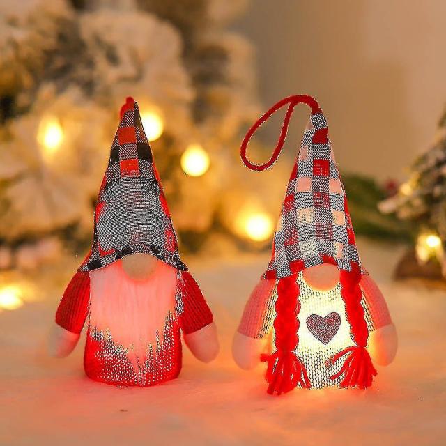 Valentine's Day Gnome Set Of 4 Plaid Swedish Tomte Plush Doll Led Light Ornament