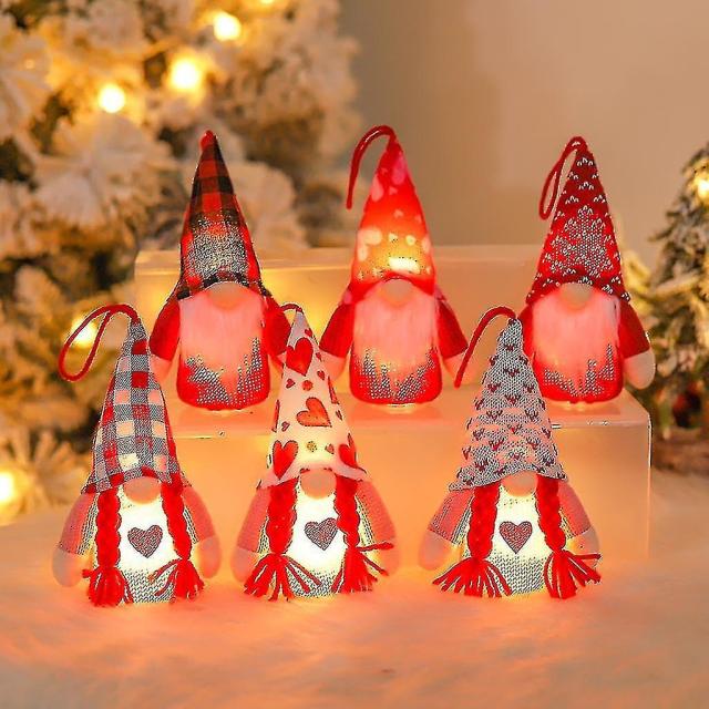 Valentine's Day Gnome Set Of 4 Plaid Swedish Tomte Plush Doll Led Light Ornament