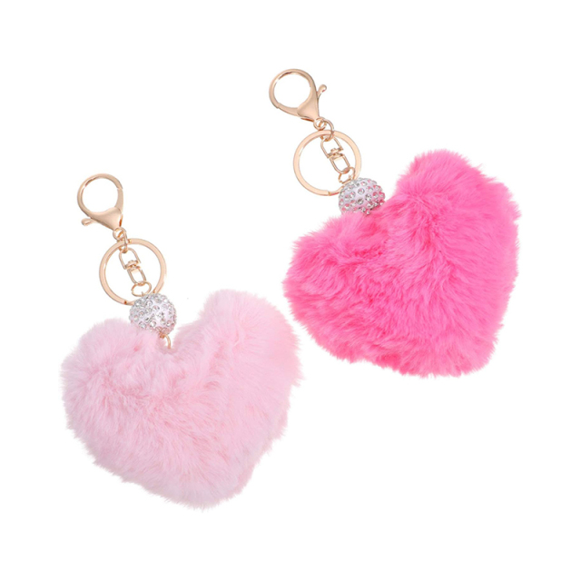 2pcs Plush Heart Keychains Pom Pom Keychains Fluffy Key Ring for Women Bag Accessories
