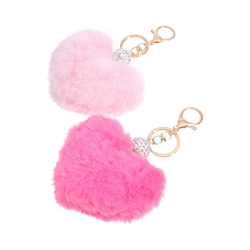 2pcs Plush Heart Keychains Pom Pom Keychains Fluffy Key Ring for Women Bag Accessories