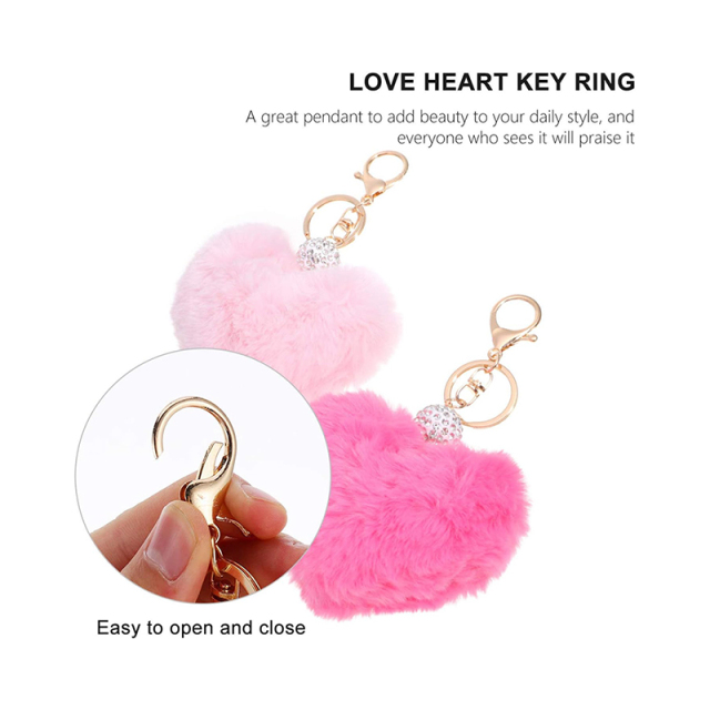 2pcs Plush Heart Keychains Pom Pom Keychains Fluffy Key Ring for Women Bag Accessories