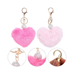 2pcs Plush Heart Keychains Pom Pom Keychains Fluffy Key Ring for Women Bag Accessories