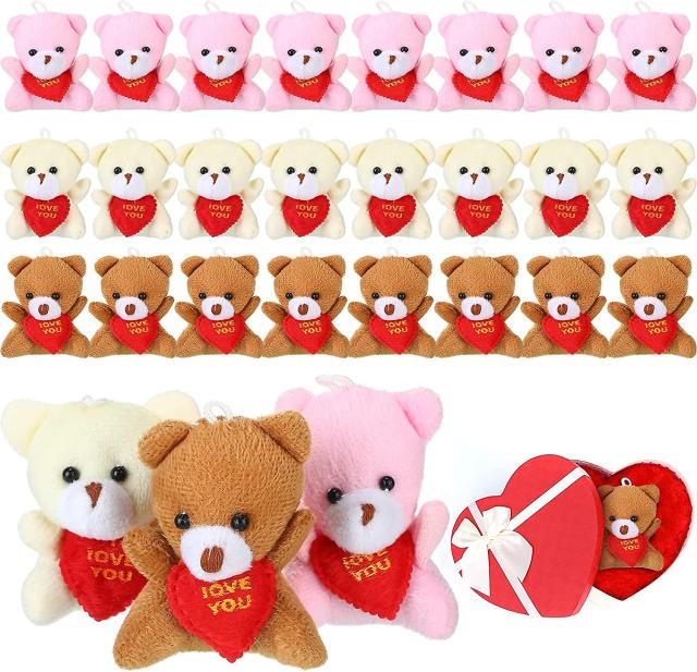 24 Pieces Valentine Mini Bears 2.5 Inch Plush Bear Soft Tiny Bear Doll With Red Heart
