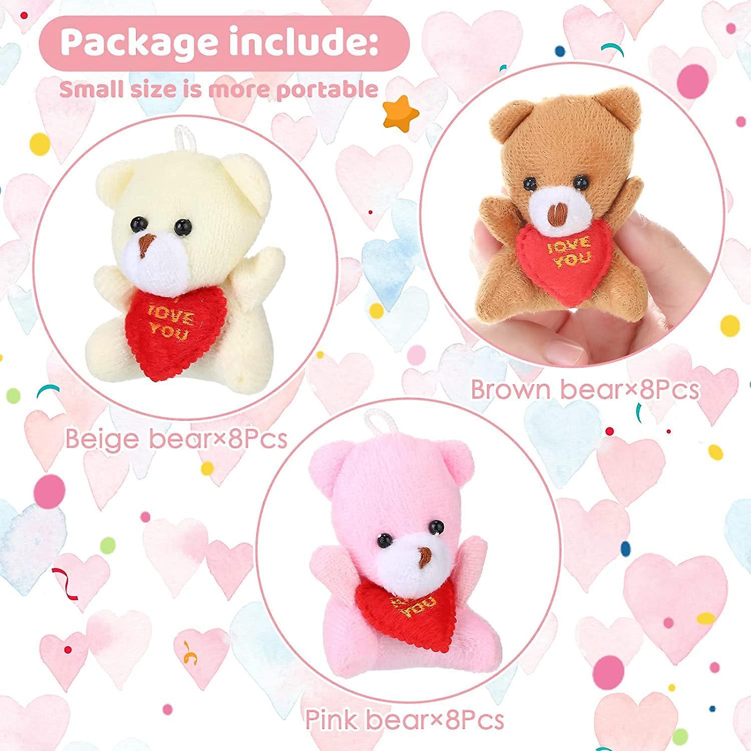 24 Pieces Valentine Mini Bears 2.5 Inch Plush Bear Soft Tiny Bear Doll With Red Heart