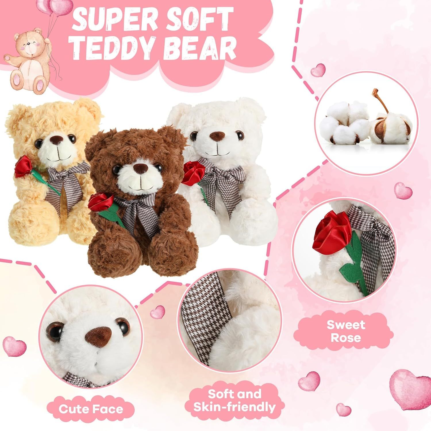 3 Pcs Valentine Gift Cute Bear Stuffed Animals 9.8 Inch Stuffed Bear with Rose