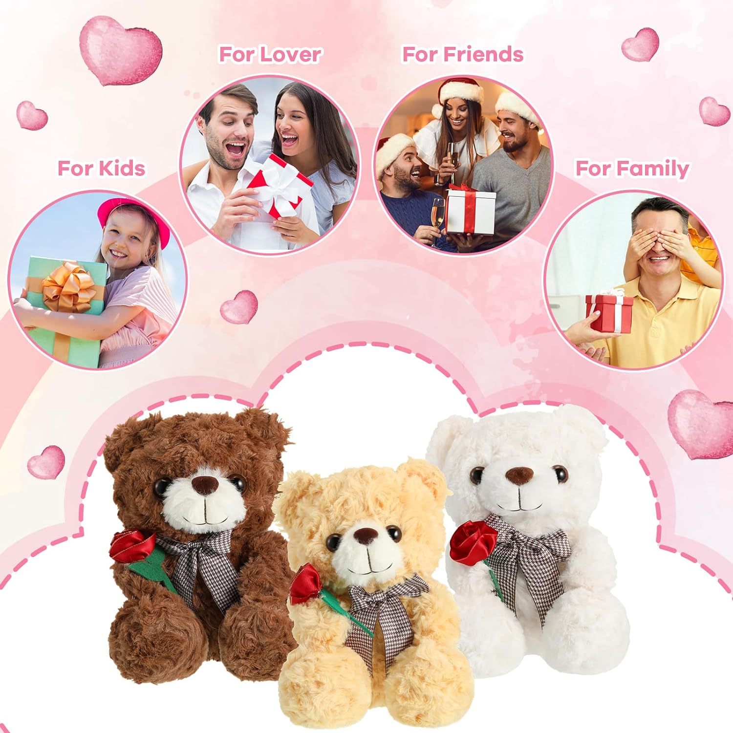 3 Pcs Valentine Gift Cute Bear Stuffed Animals 9.8 Inch Stuffed Bear with Rose