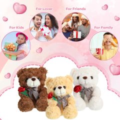3 Pcs Valentine Gift Cute Bear Stuffed Animals 9.8 Inch Stuffed Bear with Rose