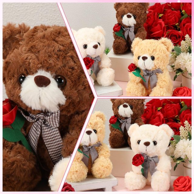 3 Pcs Valentine Gift Cute Bear Stuffed Animals 9.8 Inch Stuffed Bear with Rose