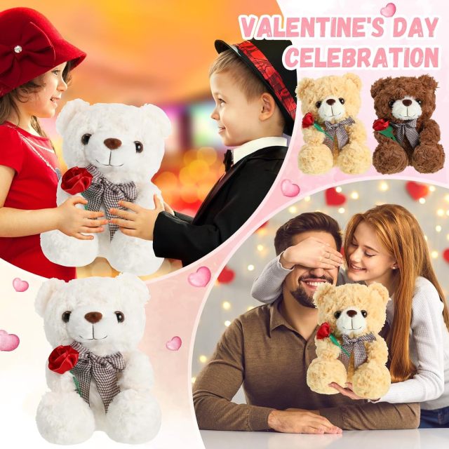 3 Pcs Valentine Gift Cute Bear Stuffed Animals 9.8 Inch Stuffed Bear with Rose