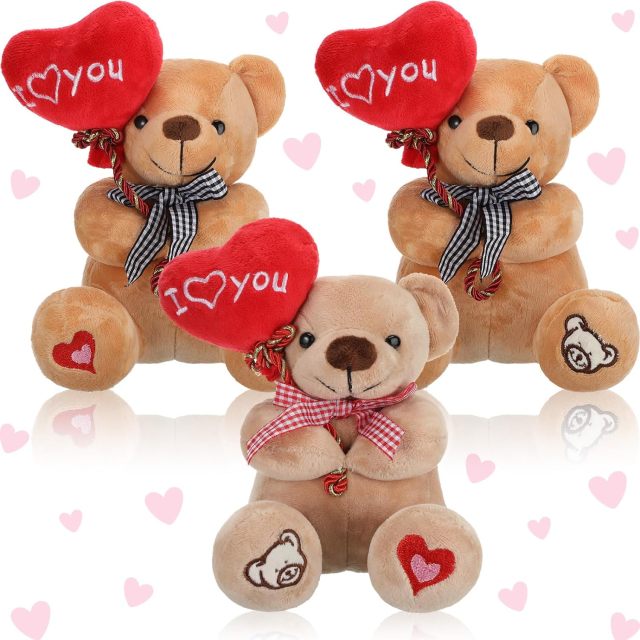 3 Pcs Valentine Gift Stuffed Animals Bears 10 Inch Stuffed Bear with Rose Heart
