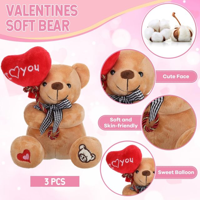 3 Pcs Valentine Gift Stuffed Animals Bears 10 Inch Stuffed Bear with Rose Heart