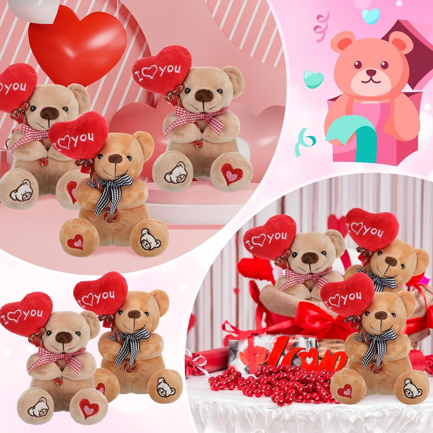 3 Pcs Valentine Gift Stuffed Animals Bears 10 Inch Stuffed Bear with Rose Heart