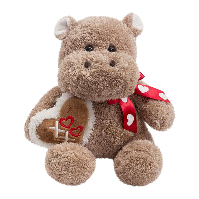 12" Stuffed Animals Plush Hippo with Love Pattern Red Bow