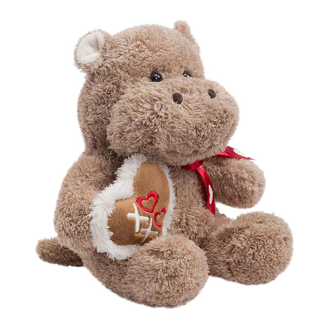 12" Stuffed Animals Plush Hippo with Love Pattern Red Bow