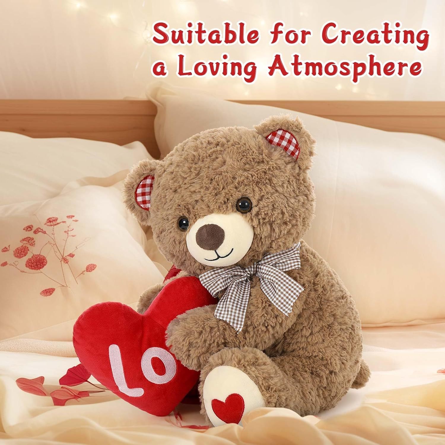 14" Plush Stuffed Bear Toy with Red Love Heart Cuddly Sideways Hugging Love
