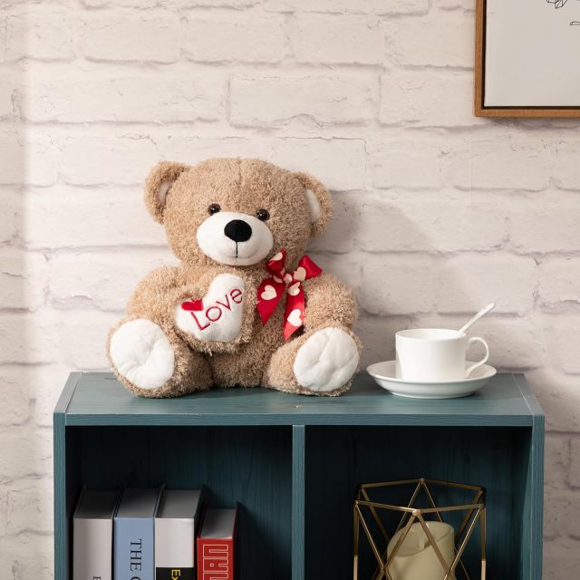 12 Inch Stuffed Animals Plush Toy Teddy Bear with Love Pattern Red Bow