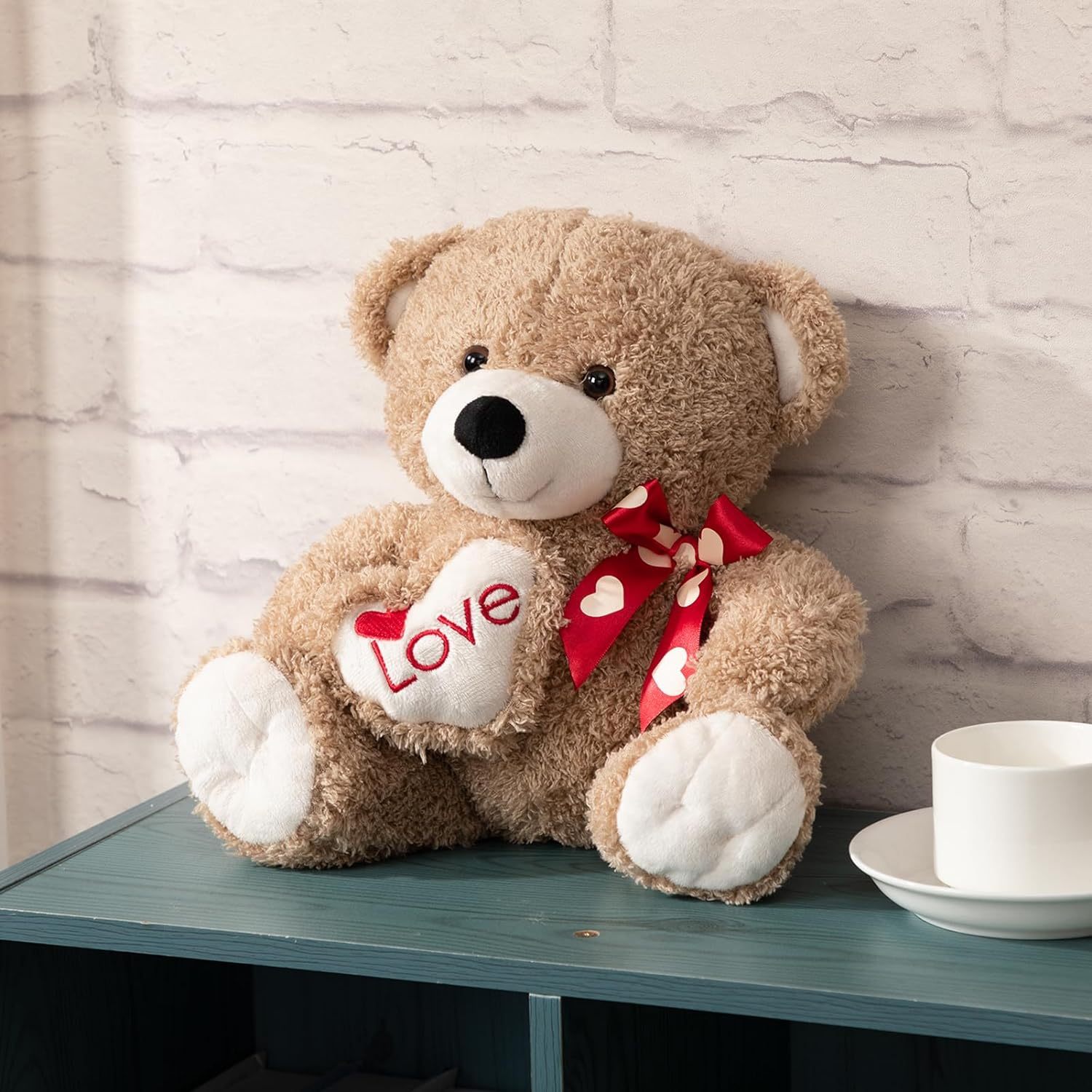 12 Inch Stuffed Animals Plush Toy Teddy Bear with Love Pattern Red Bow