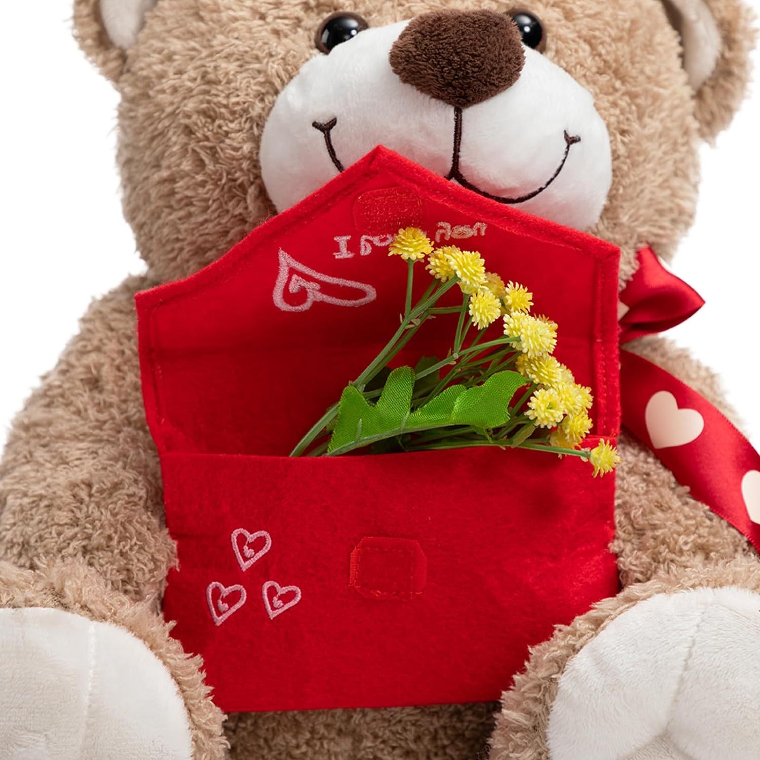 14" Stuffed Animals Plush Toys Teddy Bear with Love Pattern Red Bow Holding Envelope
