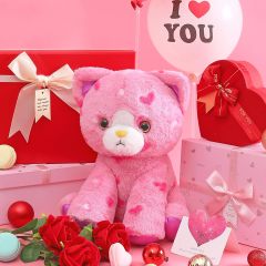 11" Stuffed Cat Animal Love Plush Toy with Hearts and Bow for Valentine Day