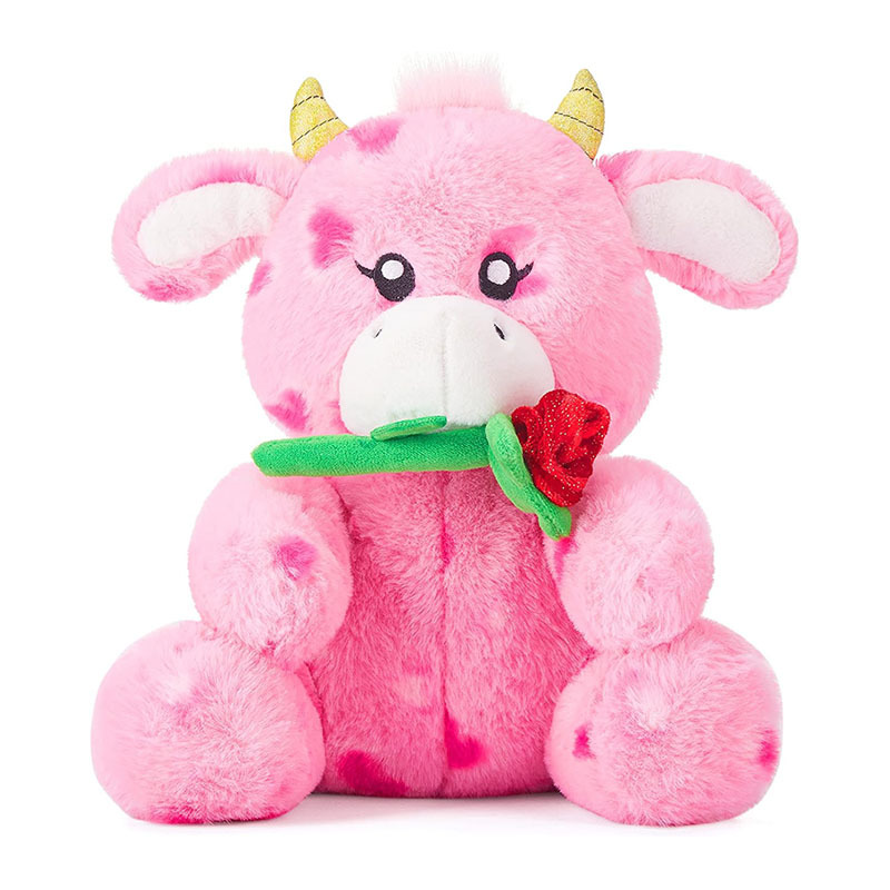 11" Stuffed Cow Animal Love Plush Toy with Hearts and Rose for Valentine Day