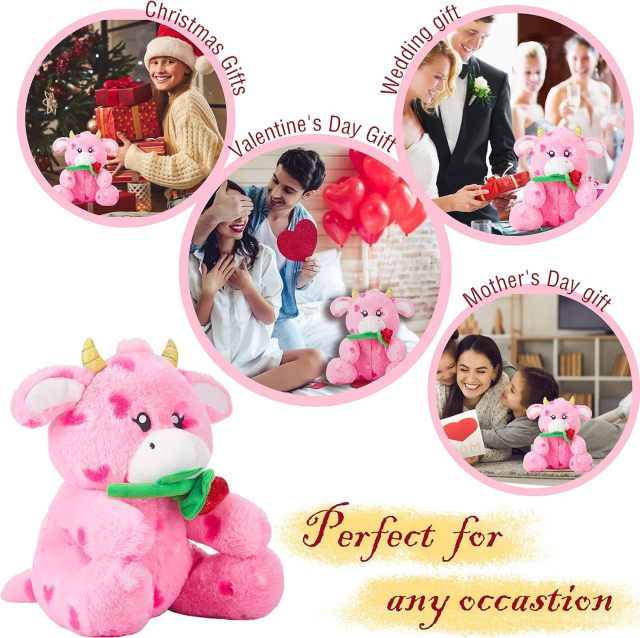 11" Stuffed Cow Animal Love Plush Toy with Hearts and Rose for Valentine Day