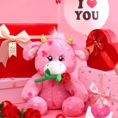 11" Stuffed Cow Animal Love Plush Toy with Hearts and Rose for Valentine Day