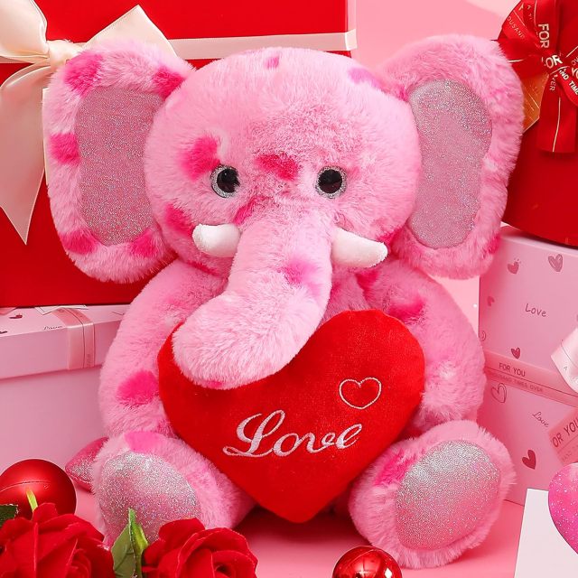 11.8" Stuffed Elephant Animal Love Plush Toy with Heart for Valentine Day