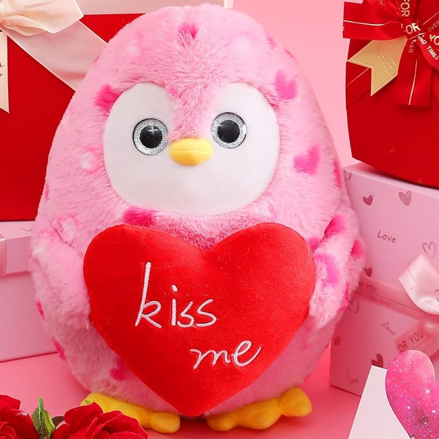 9.8" Stuffed Penguin Animal Love Plush Toy Holding Heart with Kiss Me for Valentine Day