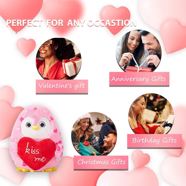 9.8" Stuffed Penguin Animal Love Plush Toy Holding Heart with Kiss Me for Valentine Day