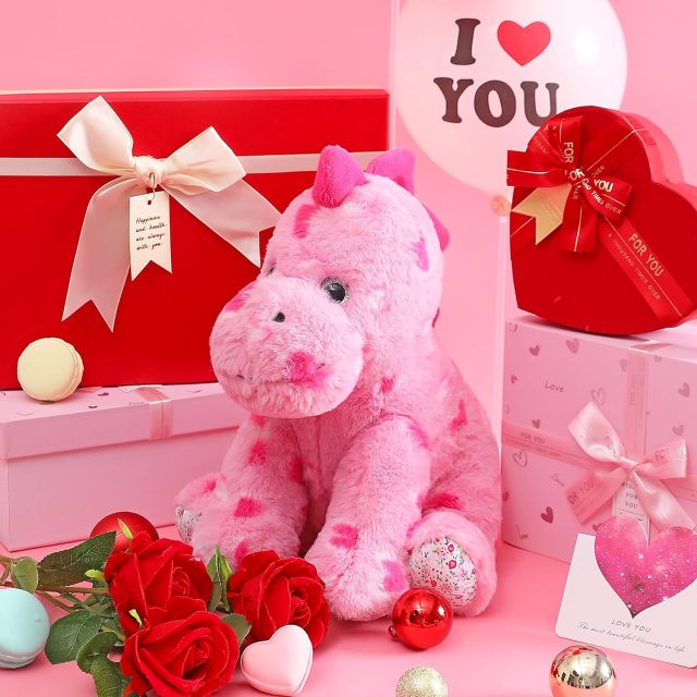11.8" Stuffed Dinosaur Animal Love Plush Toy with Hearts Bow for Valentine Day