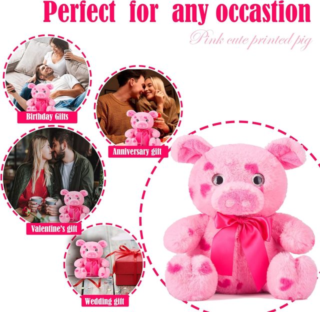 10.2" Stuffed Pig Animal Love Plush Toy with Hearts and Bow for Valentine Day