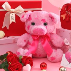 10.2" Stuffed Pig Animal Love Plush Toy with Hearts and Bow for Valentine Day