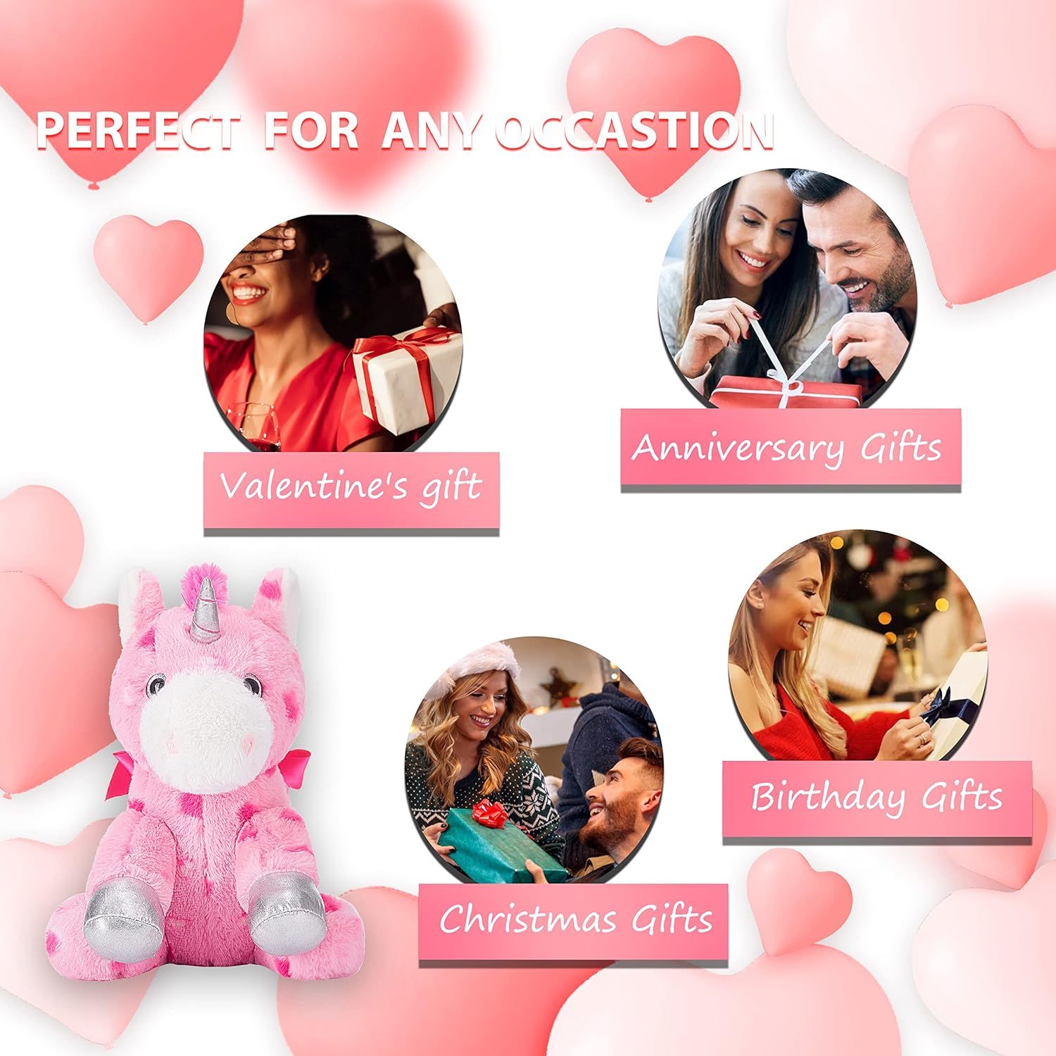 11.8" Stuffed Unicorn Animal Love Plush Toy with Hearts and Bow for Valentine Day