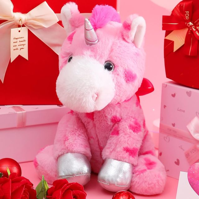 11.8" Stuffed Unicorn Animal Love Plush Toy with Hearts and Bow for Valentine Day