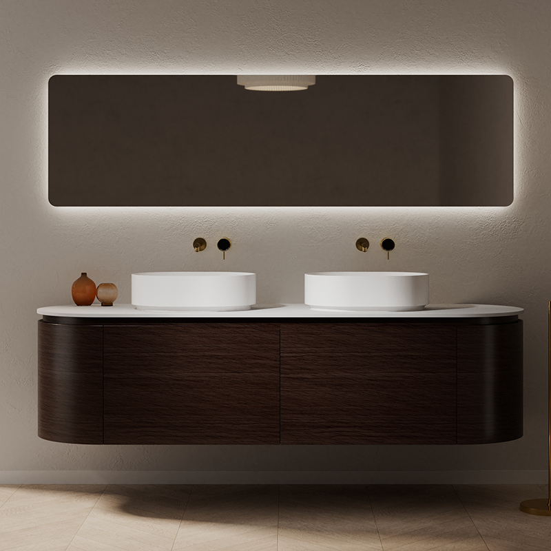 Factory Supply Double Countertop Sinks Wood Grain Hanging Bathroom Cabinet Set HB-5002