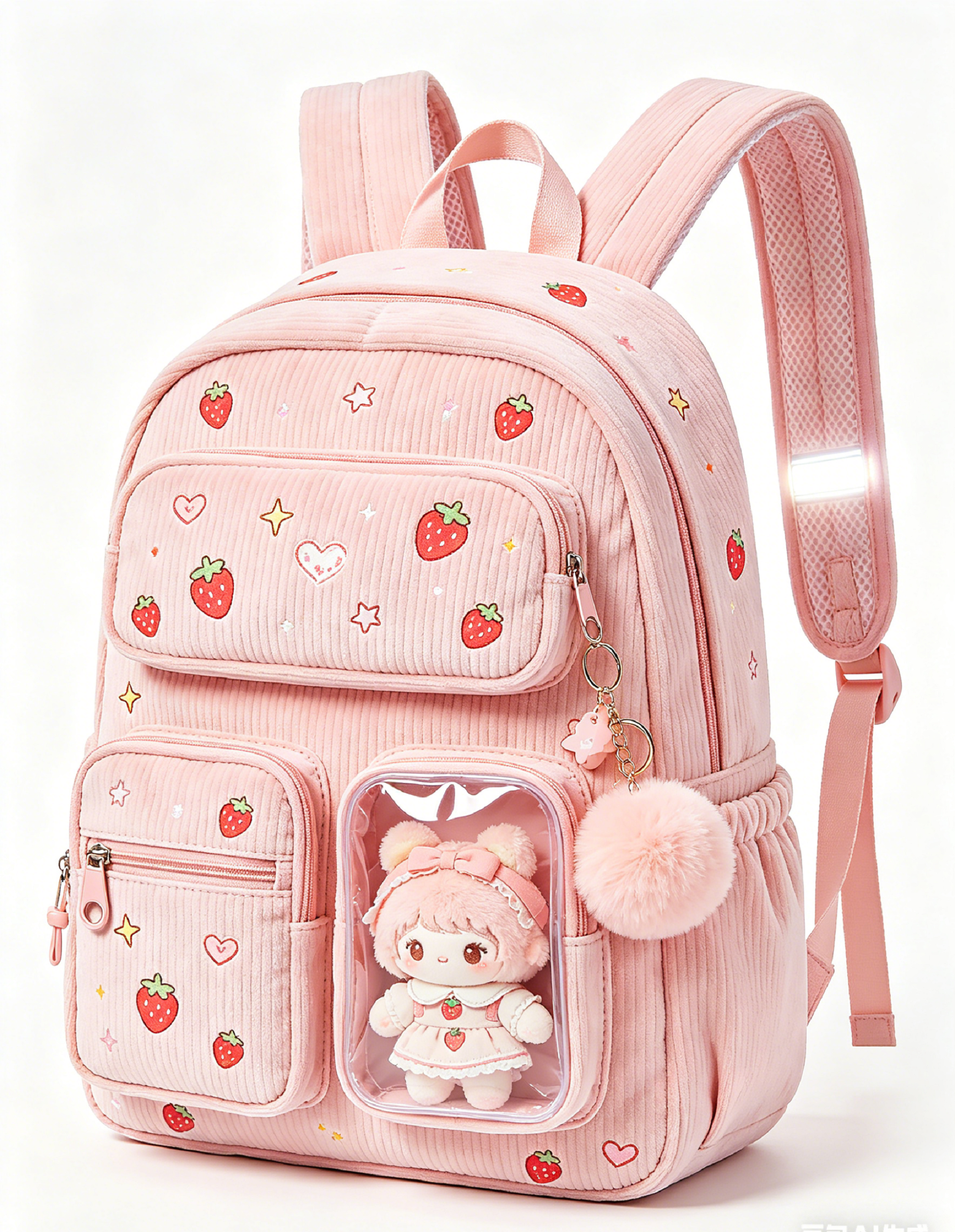 Corduroy Backpack Kids Backpack, Pink Strawberry, Cute Gradient Backpack for Girls and Middle School Students Book Bag , Multi-Pocket, Cute Dreamy Girls Backpack