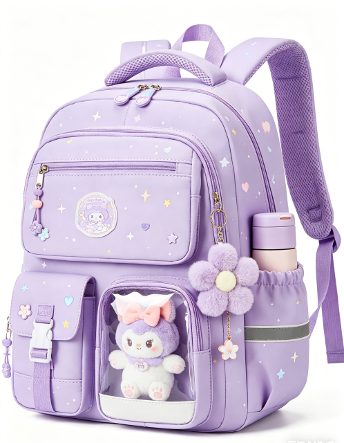 Cute Gradient Backpack for Girls - Ergonomic Elementary School Bag with Reflective Safety Strip, Multi-Pocket, Cute Dreamy Girls Backpack--purple