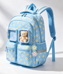 Customizable Pastel Gradient Girls Backpack - Lightweight 26L Water Resistant School Bag with Ergonomic Design, Cute Pom Pom & Multi-Pockets for Teens & Kids--blue
