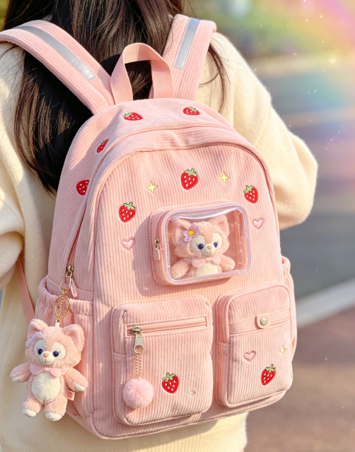 Corduroy Backpack Kids Backpack, Pink Strawberry, Cute Gradient Backpack for Girls and Middle School Students Book Bag , Multi-Pocket, Cute Dreamy Girls Backpack