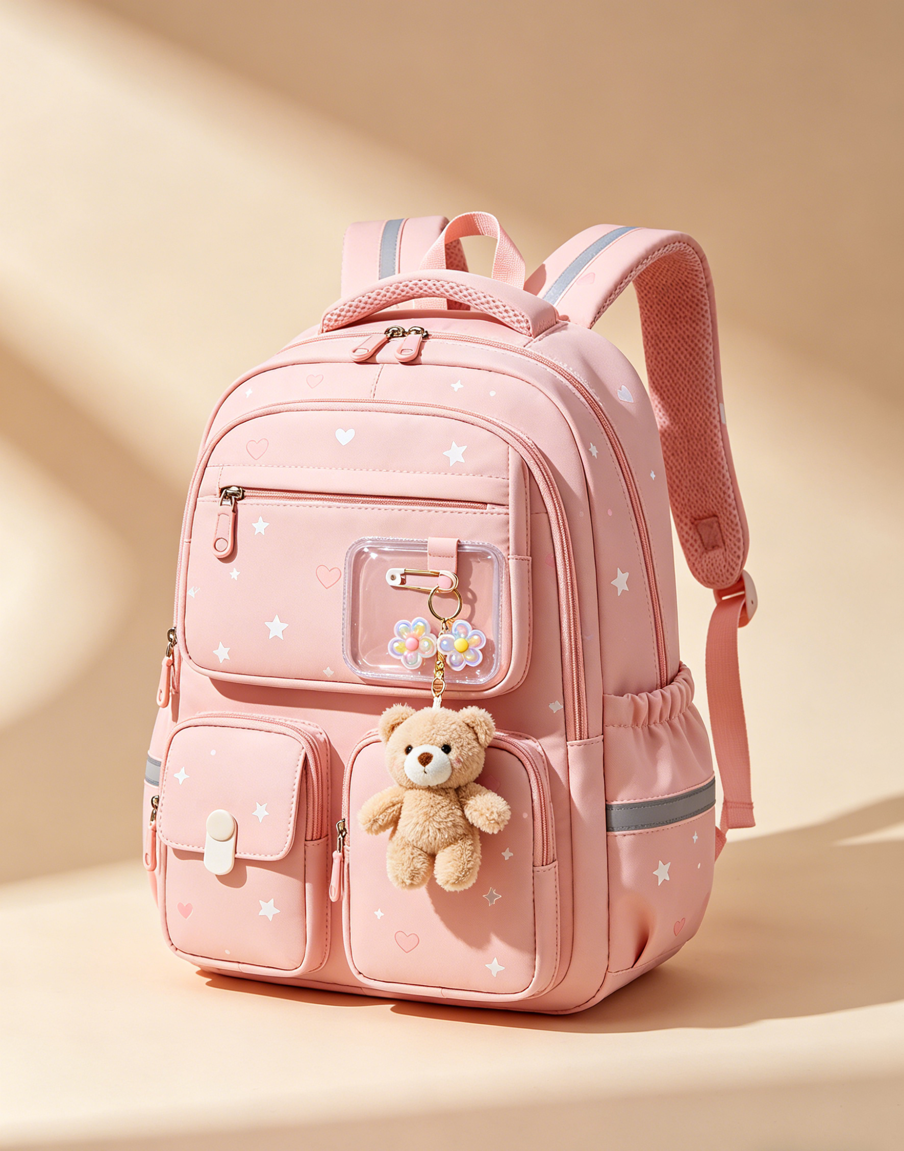 Cute Gradient Backpack for Girls - Ergonomic Elementary School Bag with Reflective Safety Strip, Multi-Pocket, Cute Dreamy Girls Backpack---Pink and Beige