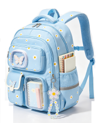 Customizable Pastel Gradient Girls Backpack - Lightweight 26L Water Resistant School Bag with Ergonomic Design, Cute Pom Pom & Multi-Pockets for Teens & Kids--blue