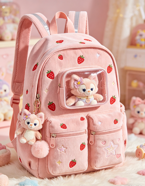 Corduroy Backpack Kids Backpack, Pink Strawberry, Cute Gradient Backpack for Girls and Middle School Students Book Bag , Multi-Pocket, Cute Dreamy Girls Backpack