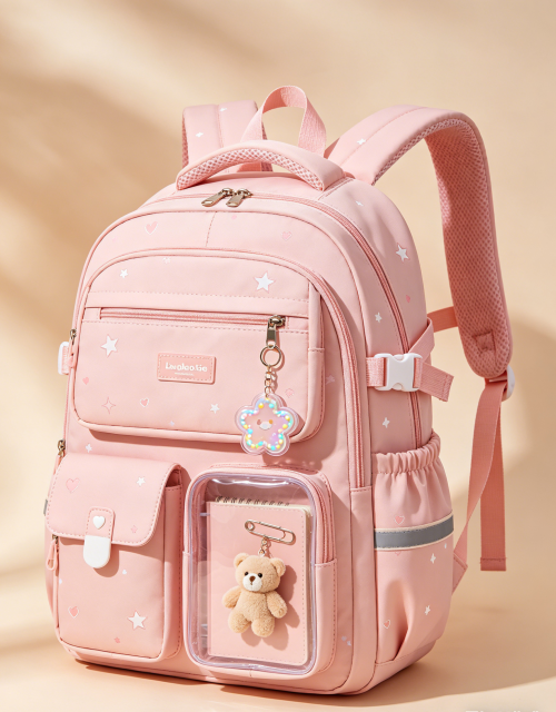 Cute Gradient Backpack for Girls - Ergonomic Elementary School Bag with Reflective Safety Strip, Multi-Pocket, Cute Dreamy Girls Backpack---Pink and Beige